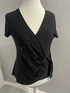 Wallis Black Sequin Trimmed Wrap Top Size 16 - Picture 1 of 9