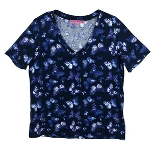 REVIEW x BROMLEY 🌸 Sz 12 Blue Butterfly Print Womens Cotton Stretch Top T-shirt - Picture 1 of 7