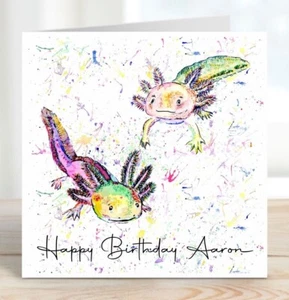 PERSONALISED AXOLOTL BIRTHDAY CARD WATERCOLOUR RAINBOW AXOLOTL CARD - Picture 1 of 9