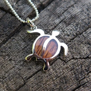 Hawiian Jewelry Koa Wood Honu Turtle Silver Rhodium Plated Brass Pendant BRP1046 - Picture 1 of 5