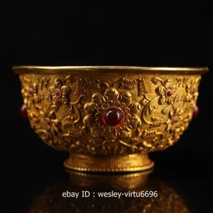 China Folk Collect Palace Old Copper Gold Gilt Carve engraves Pot Tea Bowl A002 - Picture 1 of 9