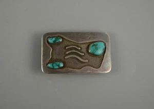 Old Pawn Navajo Silver Belt Buckle - 3 Turquoise Stones - Unique Water Symbols - Picture 1 of 4