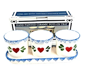 Ceramic Hand Painted Country Hearts Planter Pots with Tray Set of 3 NIB Small - Picture 1 of 6
