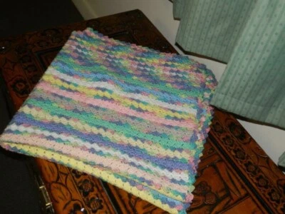 Handmade Crochet Baby Bassinet Car Cot Floor Pram Blanket Pastel Colours 77 X 96 - Image 1 of 3