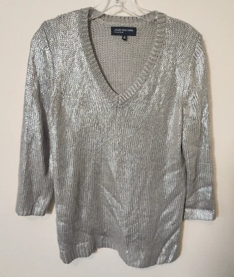 Suéter Jones New York Para Mujer Plateado Metálico Cuello en V Manga 3/4 Mediano Vacaciones Foto 1 de 4