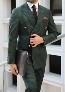 Men Green Striped Suit Set Double Breasted Jacket Peak Lapel Elegant Business - Picture 1 of 9