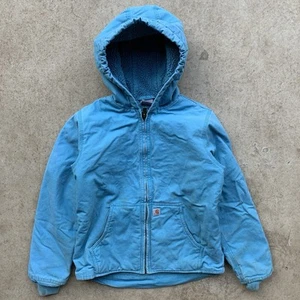 Carhartt Teal Blue Canvas & Sherpa Lined Hooded Jacket girls large (14) workwear - Picture 1 of 10