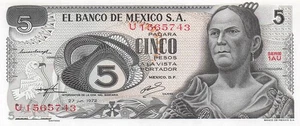 Mexiko 5 Pesos 27.6.1972 Serie 1AU Präfix U Stempelglanz Banknote HJ - Bild 1 von 2