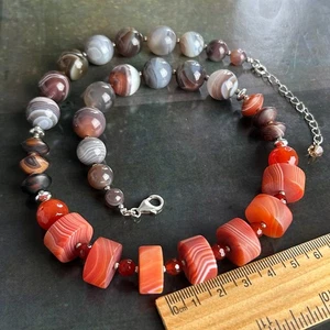 Banded Agate Carnelian Sardonyx Bead Necklace Chunky Sterling Silver Clasp 55cm - Picture 1 of 11