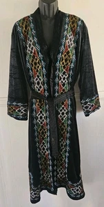 Vintage türkischer schwarzer Samt Metallic Rauten bestickt Herren XL gefüttert langer Morgenmantel - Bild 1 von 11