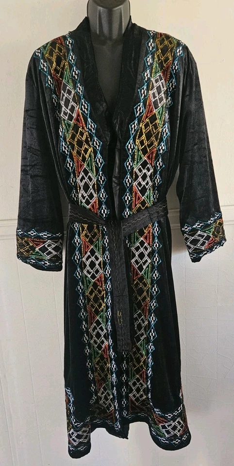 VTG Turkish Black Velvet Metallic Diamond Embroidered Mens XL Lined Long Robe - Image 1 of 4
