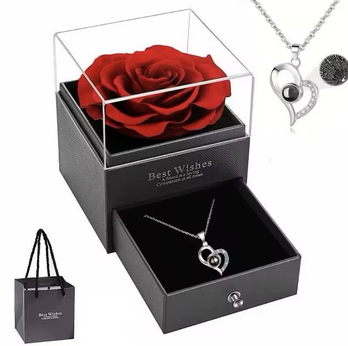 Collana con rosa rossa a forma di cuore con confezione regalo: San Valentino 