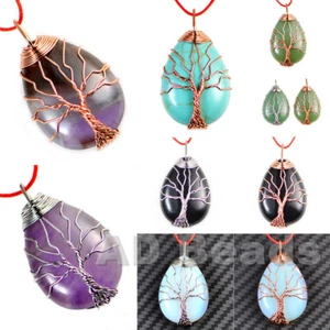 Silver & Rose Gold Plated Wire Wrap Tree of Life Natural Gemstone Reiki Pendant - Picture 1 of 16