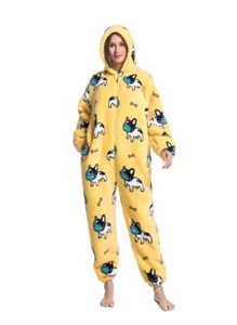 Ladies Animal Pyjamas OnePiece Fleece Hooded Yellow, M, Dog, Jumpsuit, - Picture 1 of 5