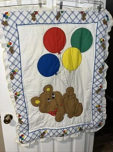 VTG Thats Our Baby Quilted Crib Blanket Bear Balloons - Picture 1 of 11