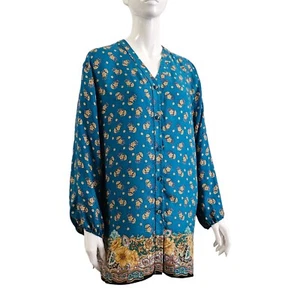 Diane Freis Silk Blouse Teal Size 16 18 Long Sleeve Vintage Colourful - Picture 1 of 9