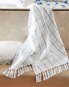 330$ RALPH LAUREN HOME Atterbury Throw Blanket White Blue Plaid 100% Linen - Picture 1 of 5