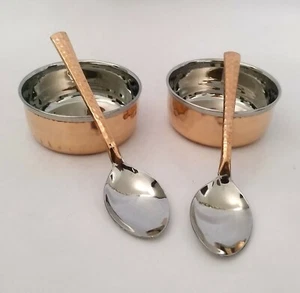 Hammered Stainless Steel Copper Bowl Dinner Serving Bowl With 2 Spoon - Picture 1 of 3