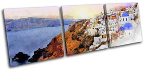 Santorini Greece Watercolour Landmarks TREBLE CANVAS WALL ART Picture Print - Picture 1 of 1