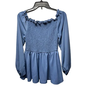 Top Shein Curve Talla 0XL Azul Calado Sobre/Fuera del Hombro Peplum Manga Larga - Imagen 1 de 9