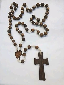 Vintage Holz Rosenkranz große Perlen katholischer Rosenkranz Kruzifix 57" religiös Wandbehang - Bild 1 von 14