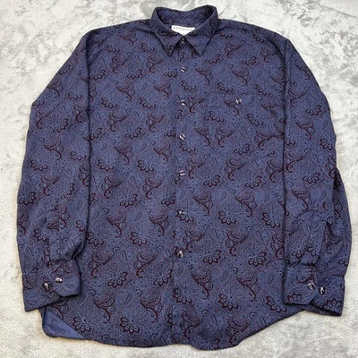 Vintage Reunion Shirt Mens M Blue Purple Paisley Rayon Button Up 90s Hong Kong - Image 1 of 4