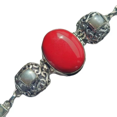 Sterling Silver Red Coral Bracelet 6.5 Inch Foto 1 de 4
