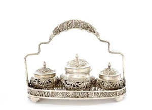 1930's Chinese Solid Silver Bamboo & Bird Salt & Pepper Spice Tray Basket Set - Picture 1 of 11