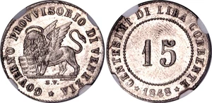 Italian States Venice 15 Centesimi 1848 ZV NGC MS63 KM# 801 Billon Coin - Picture 1 of 1
