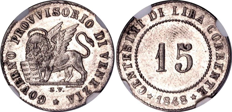 Italian States Venice 15 Centesimi 1848 ZV NGC MS63 KM# 801 Billon Coin - Image 1 of 1
