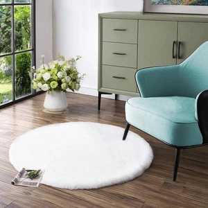 White Fur Round Rug 3ft Non-Slip Washable Circle Rug Fluffy Faux Rabbit Fur R... - Picture 1 of 7