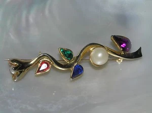 Nachlass lange goldfarbene Rankenblume mit Kunstperlen & bunten Strass Cab Pin - Bild 1 von 3