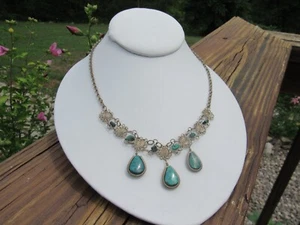 Peruvian Unique Chrysocolla Rare Blue/Green 3 Dangling Teardrops Necklace - Picture 1 of 5