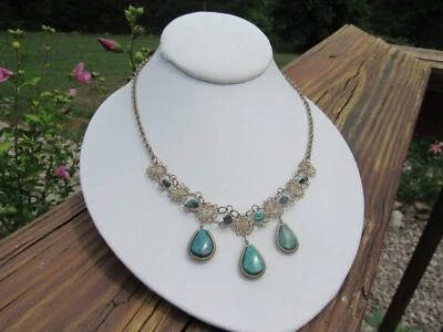 Перуанский уникальный хризоколла редкая синий/зеленый 3 висячие капли ожерелье - Изображение 1 из 4