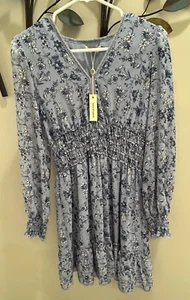 Max Studio Dress Womens Medium Blue Patterned Smocked Long Sleeve Sheer SIZE XS - Picture 1 of 7