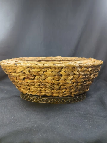 Vintage Oval BASKET braided Woven Grass w metal floral  design base rare unique Cover