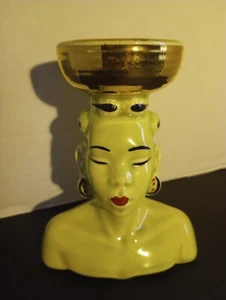 Vintage MCM Nubian Ceramic Head Vase Chartreuse Green Gold Man  5 1/2" Tall - Picture 1 of 10