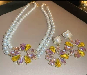 Inlaid Rhinestone Faux Pearl Necklace Earrings Women Sunflower Crystal Earrings - Picture 1 of 8