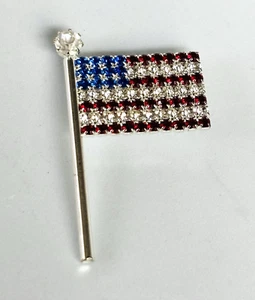 American Flag Brooch Pin USA Silver Tone Rhinestones Sparkly Colorful Patriotic - Picture 1 of 3