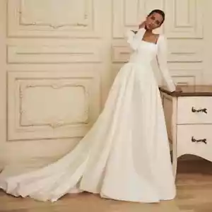 Elegant Square Neck Wedding Dresses Long Sleeves Court Train Satin Bridal Gowns - Picture 1 of 8