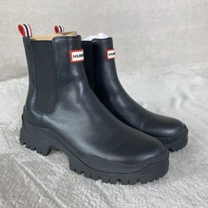 Hunter Winica Boots Womens Size 8 Black Leather Lug Sole Chelsea Waterproof - Picture 1 of 9