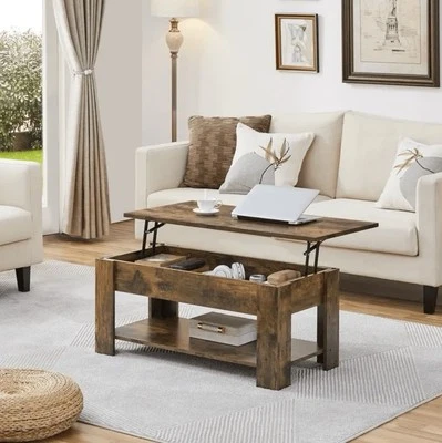 Rustic Table Lift Top Coffee Table Hidden Compartment Open Shelf, Space-saving - Image 1 of 4