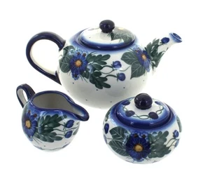 Set da tè 3 pezzi in ceramica lucida rosa blu Forget Me Not - Foto 1 di 1