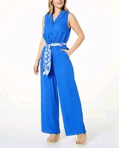 G by Giuliana Sugar-Washed Linen-Blend Wide Leg Jumpsuit Dazzling Blue - Picture 1 of 2