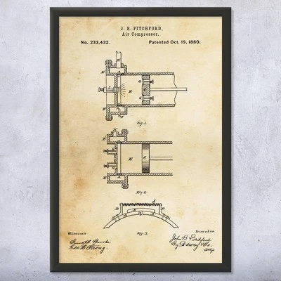 1880 Air Compressor Patent Wall Art Poster, Canvas or Framed Contractor Gifts - Image 1 of 4