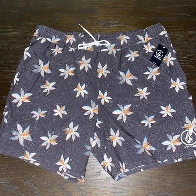 NWT Volcom Manic Trunk Elastic Waist Men's Gray Floral Swim XL - Image 1 of 4