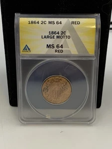 1864 Large Motto 2 Cent Piece ANACS MS64RD -RED- Super Clean Civil War Era Coin - Picture 1 of 8