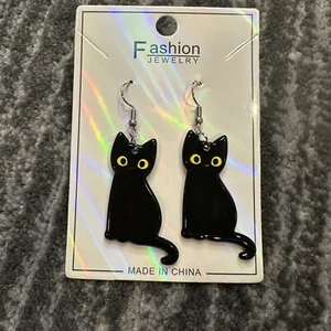 Black Cat Earrings Dangle Drop Kitten Fun Jewelry Cat Lady Gift For Her Cute New - Picture 1 of 6