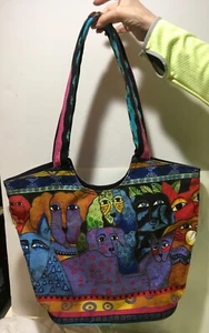 Laurel Burch Canvas Tote Purse Shoulder Bag Colorful Vibrant Dogs Bead Accent - Picture 1 of 6