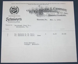 Cioccolatini Schrafft 1943, W.G. Fattura Jones & Co., Roanoke, VA - Foto 1 di 1